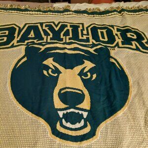 Baylor University Bears Throw Blanket Woven Cotton Green Gold Fringe Edges Colle